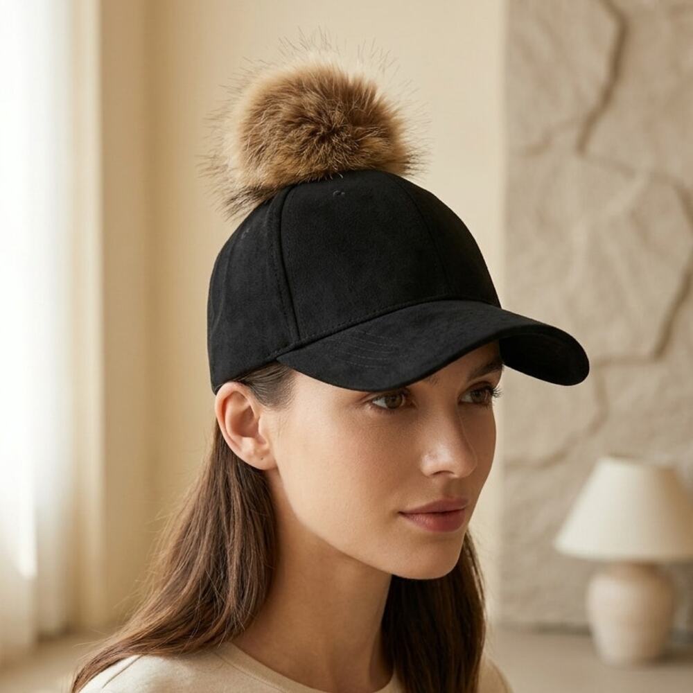 Baseball Cap Women's One Size Black Suede Fluffy Faux Fur Pom Pom Adjustable
